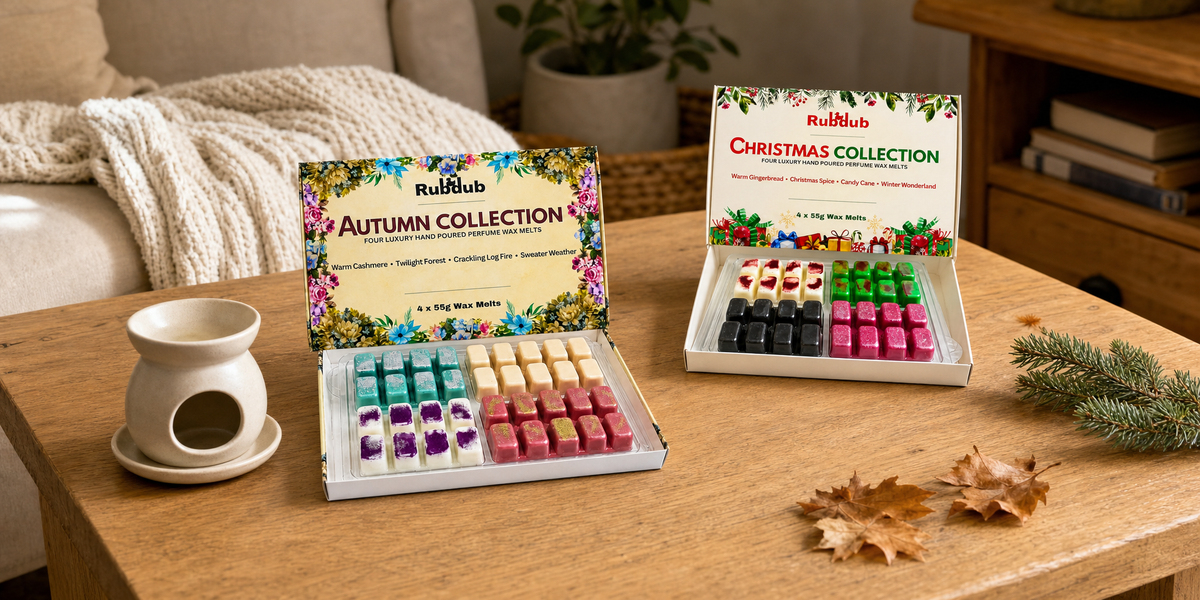 Rubdub Autumn and Christmas wax melts in a cosy living room